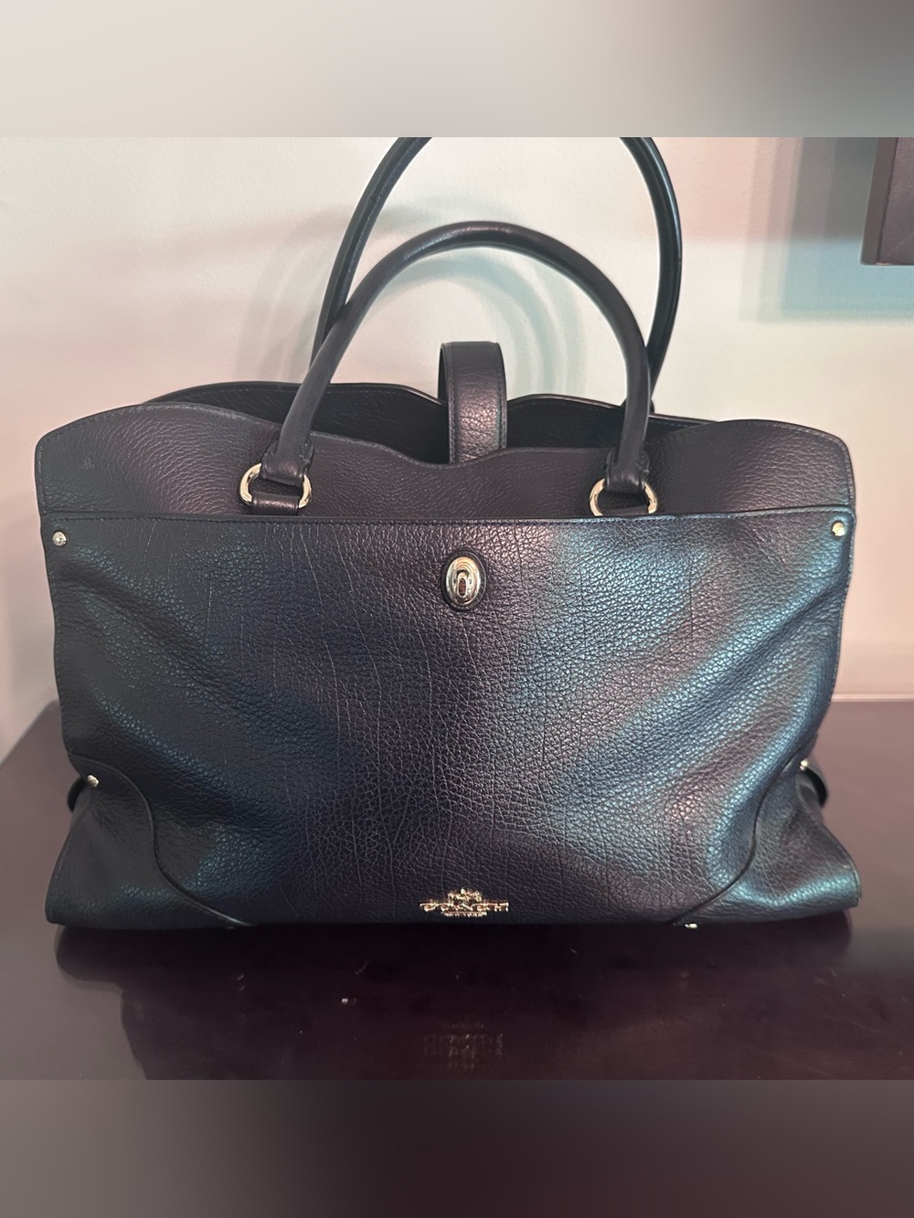 Coach Navy Leather Tote with Gold Hardware